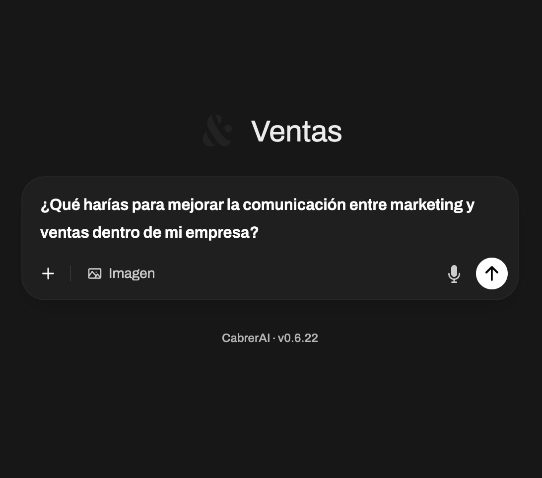 User interface for CabrerAI app showing a question in Spanish about improving communication between marketing and sales within a company.