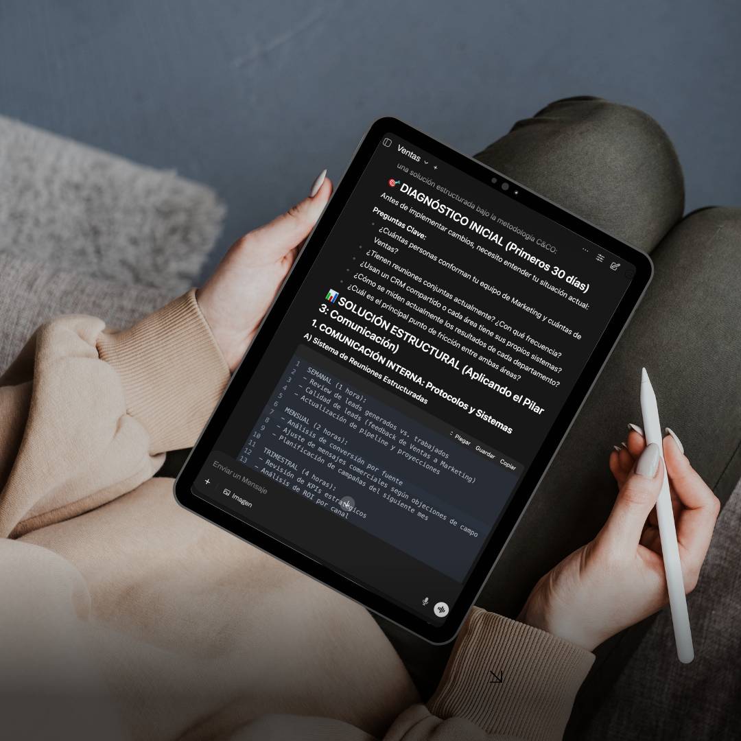 Person holding a tablet displaying a document in Spanish about initial diagnostics and structural solutions for marketing and sales communication, with a stylus in hand.
