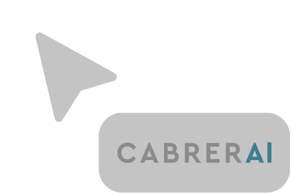 Gray arrow pointer next to a rounded gray rectangle containing the text 'CABRERAI' with AI in blue.